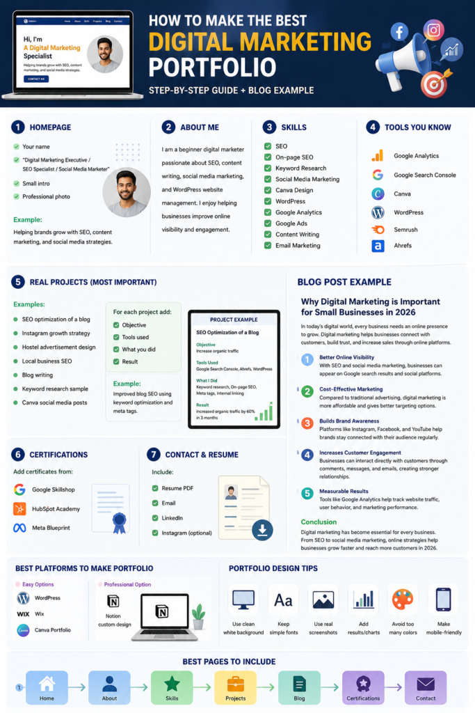 Infographic titled “How to Make the Best Digital Marketing Portfolio” showing a step-by-step guide for creating the Best Digital Marketing Portfolio. The image includes sections for homepage setup, about me, skills, tools known, real projects, blog post examples, certifications, contact and resume, portfolio platforms, design tips, and recommended portfolio pages. The design features icons, laptop mockups, SEO and marketing elements, and a clean blue-and-white professional layout.